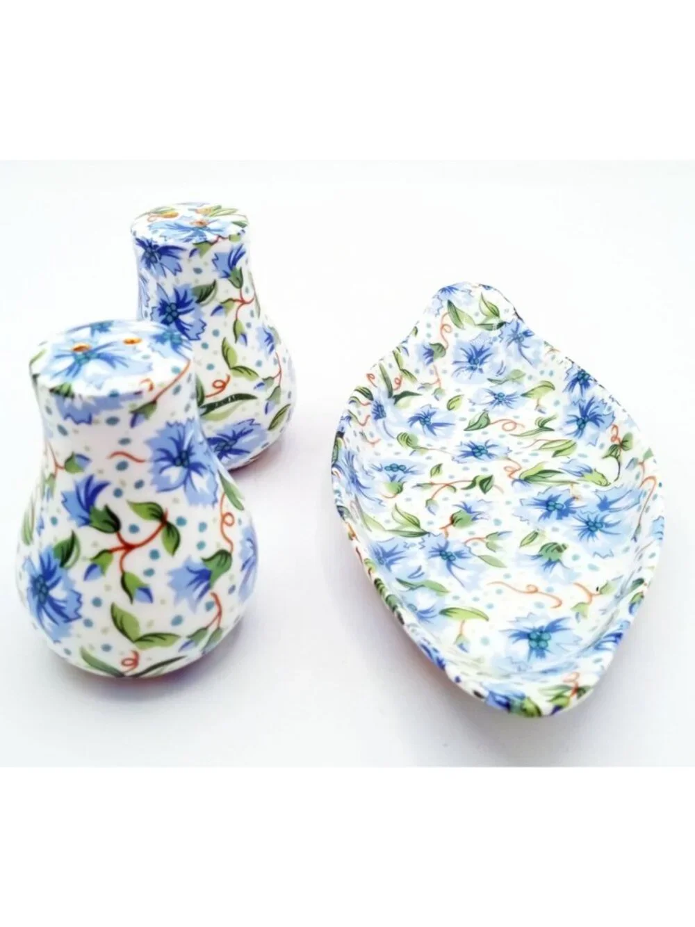Ainsley Two's Company Salt Pepper Shakers Tray Blue Floral Ceramic Set